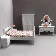 1:12 Scale Dollhouse Bedroom Furniture Set - Bed, Nightstand, Vintage Cabinet, Mini Vanity Table, Wooden Miniature Home Decor Toys, Birthday/Christmas Gift