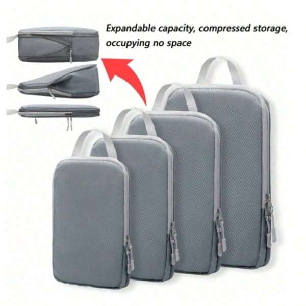 4 piezas Cubos de embalaje de compresión para maletas, Juego de bolsas organizadoras de equipaje de viaje ligero, con bolsa para zapatos, Bolsas organizadoras de equipaje de viaje expandibles, Accesorios de viaje para ahorrar espacio, Esenciales de viaje para mochila de viaje, bolsa de viaje, maleta, equipo de viaje, de regreso a la escuela, bolsas de mudanza, organizador
