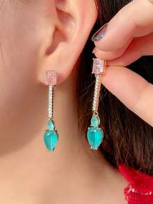 1 Pair Awesome Pink Light Blue Cubic Zirconia Bridal Wedding Long Dangle Drop Gold Plated Earrings With 925 Silver Post CZ Women Party Jewelry Accessories - Blue - View 4