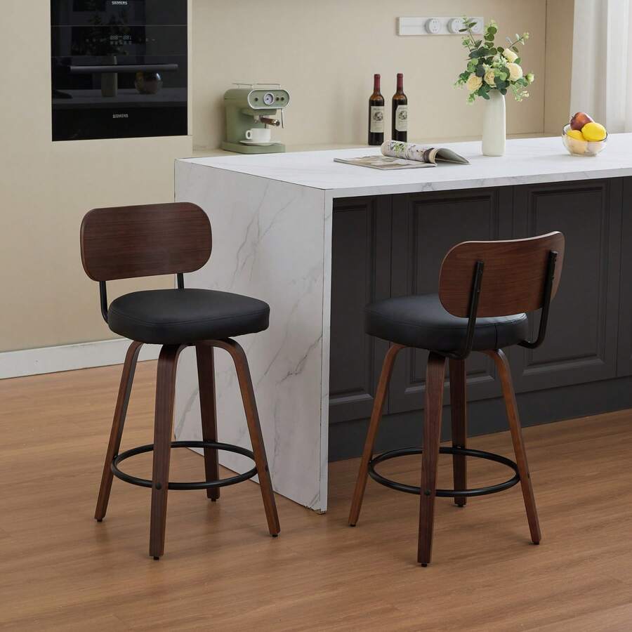 Set Of 2 Swivel Bar Stools, 26" Upholstered Faux Leather Counter Height Barstools With Walnut Back & Bentwood Legs, Mid Century Modern Bar Chairs Island Stools For Kitchen Counter - màu đen - Xem 1