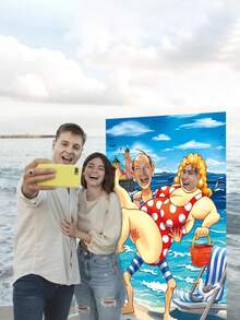 海滩派对人脸背景 3.3 X 5.5 英尺，海滩人脸骷髅照片道具，瘦男人抱着胖女人派对摄影背景，夏季海滩派对装饰，搞笑情侣照片道具 - 彩色 - 查看 5