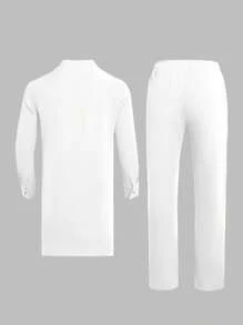 2025 New 2pcs/Set Men's White Dashiki With Black Embroidery, Casual & Simple, Long Sleeve Shirt, Round Neck, Pocket, Elastic Waist Pants, Side Slit Hem, African Clothing, Men's Casual Shirt & Pants Set, 1 Suit, Street Retro Style, Party, Date, Wedding, Cultural Event, Traditional Ceremonial - White - View 3