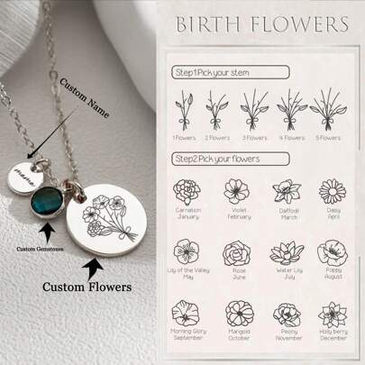 Family Birth Flower Bouquet Necklace, Engraved Birthflower Pendant, Mothers Day Gift For Grandma, Birthstone Jewelry, Christmas Gift For Her