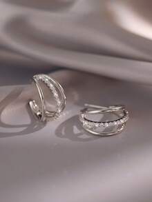 1 Pair Copper Inlaid Cubic Zirconia 3-Row C-Shape Hoop Earrings, Suitable For Daily Wear