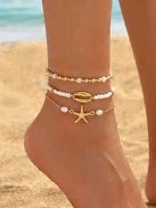 3pcs/Set Summer Beach Style Alloy Starfish Shell Stacking Bead Glass Material Women's Ankle Chain Set