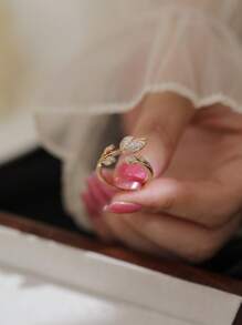 Tkool 1 pieza Anillo de flor romántica con circonita rosa, anillo abierto de gema floral microincrustada, accesorio para mujer