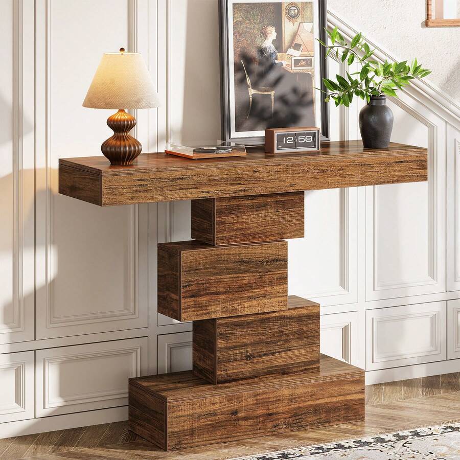 Tribesigns Industrial Console Table, 108cm Narrow Wood Sofa Table Behind Couch With Geometric Base, Entryway Accent Table For Living Room, Hallway, Entrance, Rustic Brown - Brown - View 1