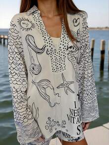 Women's Fashion Casual Beach Vacation Style Mermaid & Star Pattern V-Neck Tassel Shirt And Star Pattern Shorts 2-Piece Set, Spring/Summer - Black and White - View 2