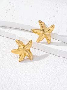 1 Pair Minimalist Design Starfish Stud Earrings, Fashionable Beach-Inspired Jewelry For Women - Yellow Gold - View 2