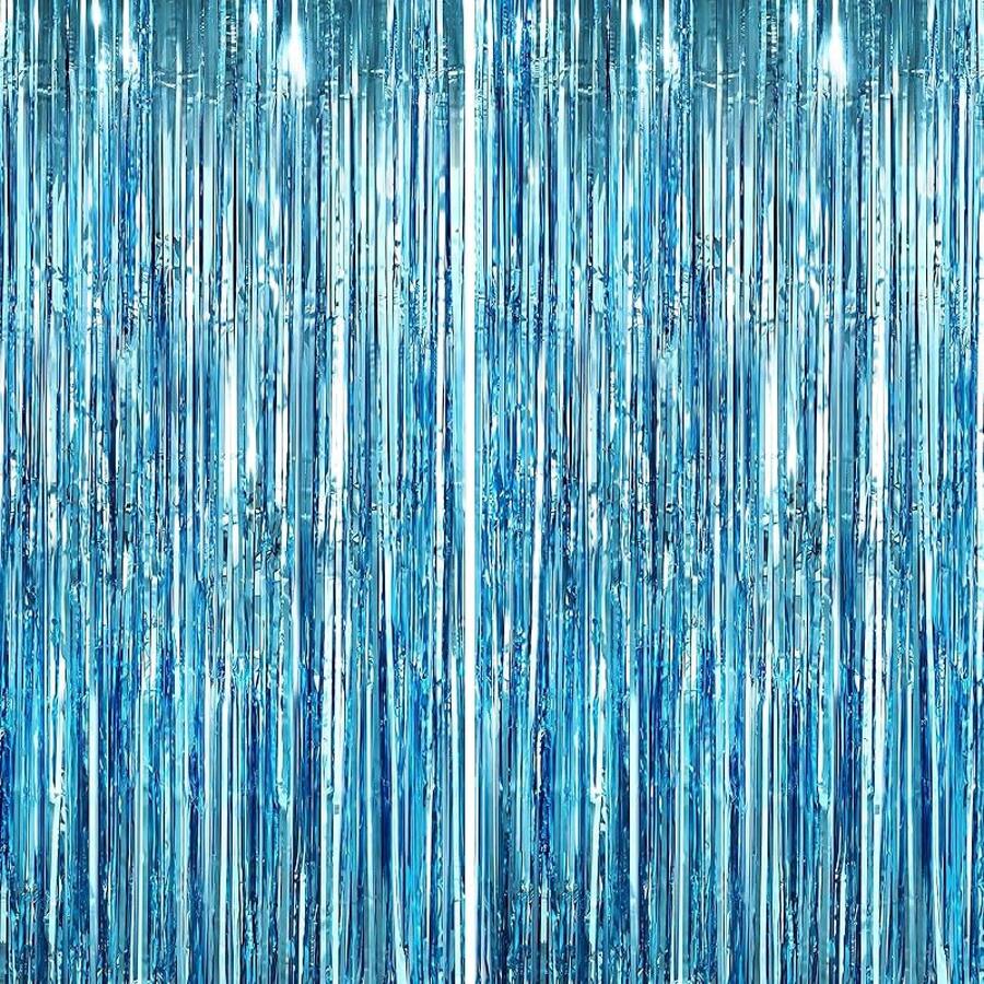 2Pack Silver Metallic Tinsel Foil Fringe Curtains, Door Streamer Photo Booth Backdrop Birthday Wedding, Graduation Engagement Bridal Shower Bachelorette Party Decorations Dancing Ball Party - light blue - 查看 1