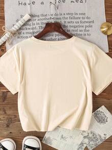 Áo thun nữ dáng suông cổ tròn tay ngắn in chữ, chất liệu lụa tơ tằm, thích hợp mặc mùa hè. - Màu Khaki - Xem 2