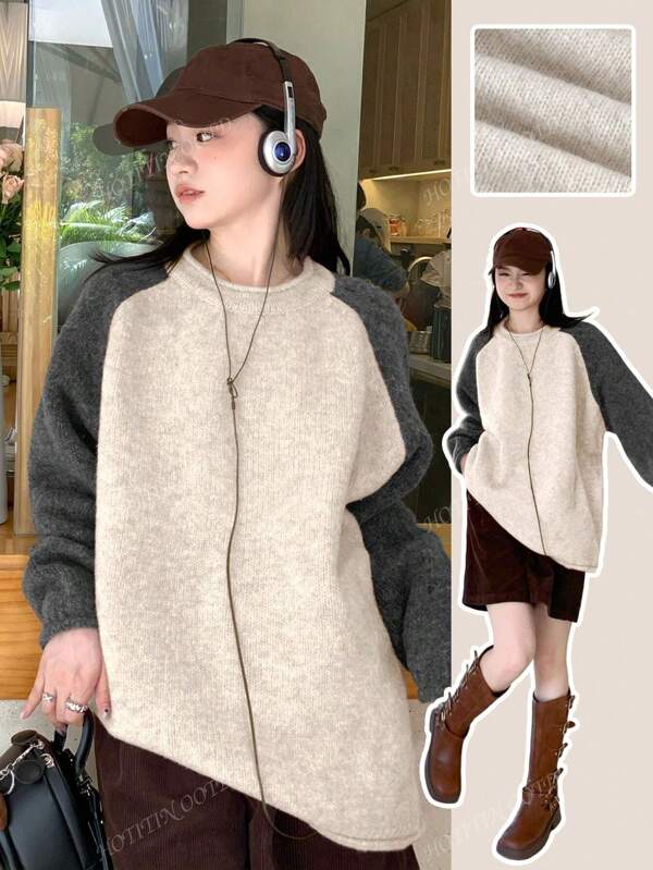 Vintage Colorblock Round Neck Long Sleeve Women's Thick & Loose Knitted Pullover Sweater, Autumn/Winter