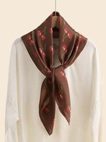 1pc Cute Cartoon Cherry Pattern Personalized Bandana, Decorative Faux Silk Scarf - A - View 5
