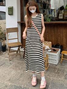 对比条纹露背无袖针织中长连衣裙 - 杏色 - 查看 5