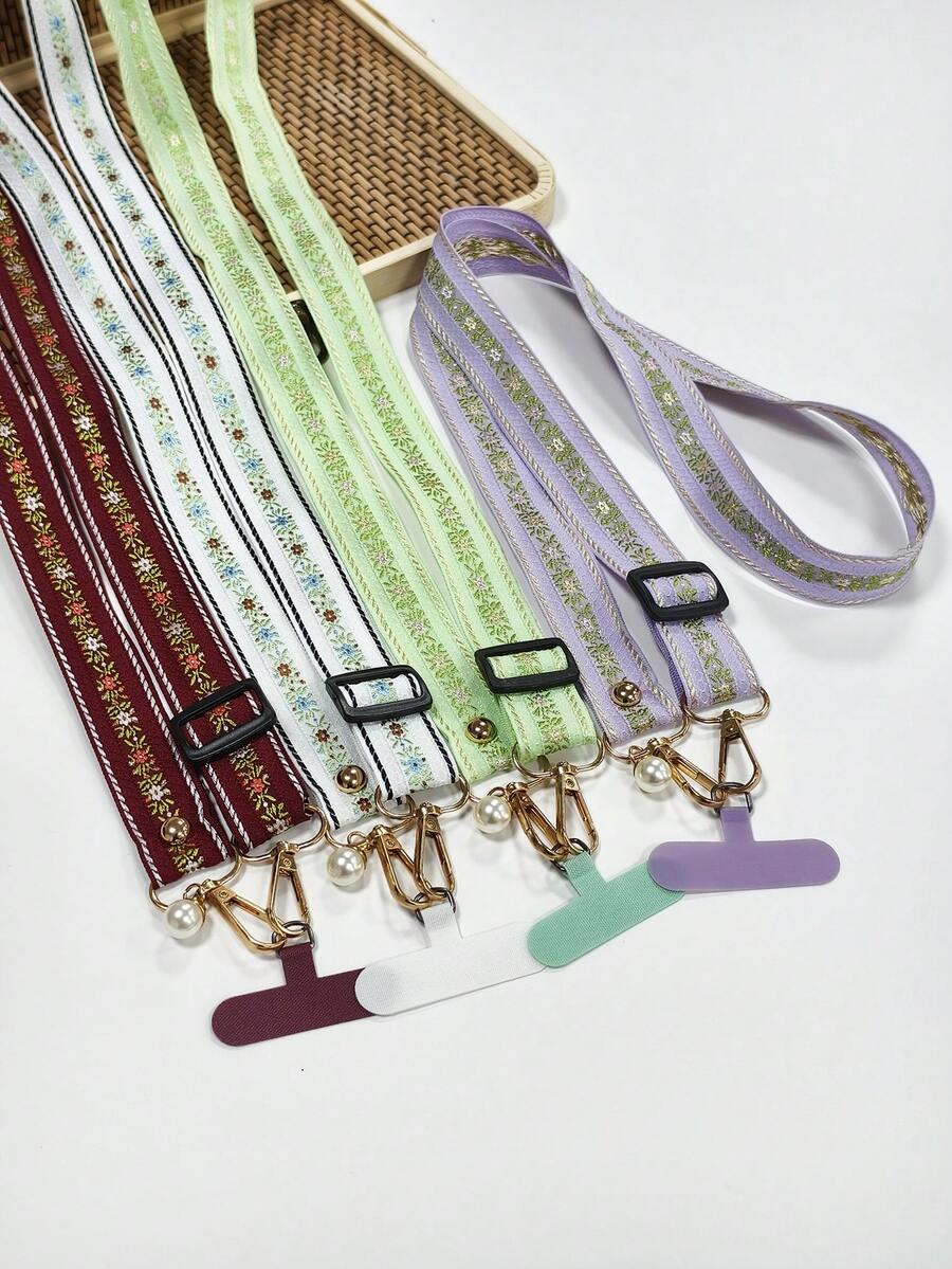 时尚花卉尼龙手机斜挎挂绳颈绳珍珠吊坠手链链子兼容通用配件 - 彩色 - 查看 1