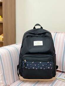 Contrast Color Patchwork Casual Zipper Closure Backpack, Suitable For Students, School, Outdoor Activities, Youth' - Black - View 4