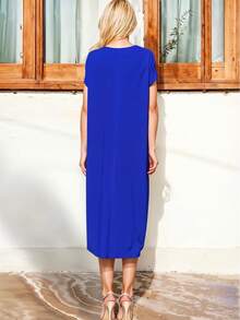 Vestido de Cuello Redondo y Manga Corta con Abertura Baja Casual para Mujer - Azul - Ver 4