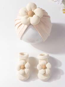 1 pieza Gorro de bebé con flor de cinco pétalos, suave y cómodo, 1 pieza de calcetines para niños con diseño de flores, aptos para uso diario, 0-2 años