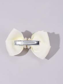 2pcs Beige Flowers Bow Hair Clips,Fabric Faux Pearl Bow Hairpins,Fashion Hair Accessories For Girls Teens Party Gifts