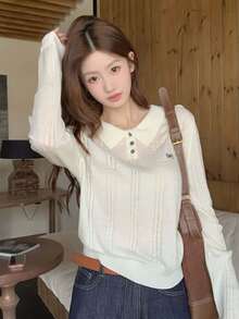 秋冬韩版宽松麻花针织彼得潘领纽扣长袖套头毛衣上衣 - 杏色 - 查看 3