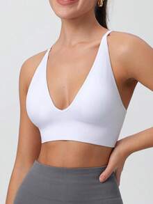 Women's Solid Criss Backless Padded Sports Bra, Pickleball & Tennis Clothes Fall, Sports Bra Women, Adjustable Strap Wireless Sports Bra, Back-To-School Clothing, Ladies Sportswear, Fallfreshness, Birthday Gifts Top - Multicolor - View 3