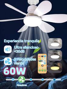Ventilador de techo con luz y control remoto, Ventilador de techo LED regulable de 60 W con enchufe E27, Ventilador de techo para dormitorio, sala de estar, 6 aspas, 3 velocidades, temporizador - Blanco - Ver 2