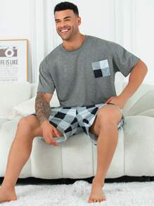 مجموعة بيجامة للرجال ذوي الحجم الكبير 2 قطعة ذات سروال قصير مربعات، وقميص بياقة مستديرة وأكمام قصيرة، بتصميم بسيط مناسب للربيع والصيف، متعدد الاستخدامات للراحة المنزلية والنوم