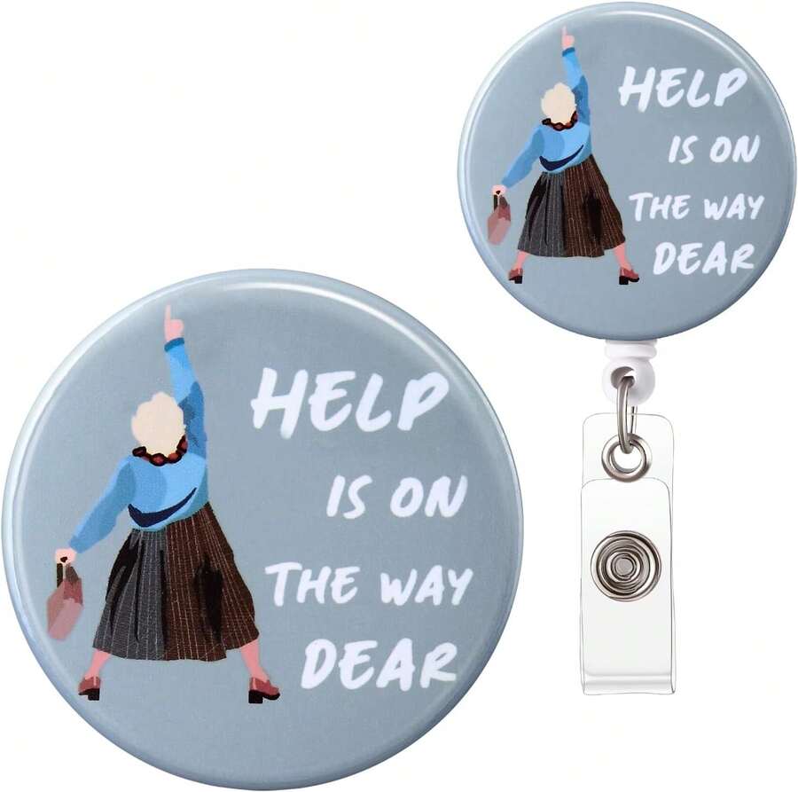 Badge Reel, Retractable Badge Clip For Nurse, Funny Badge Holder, Help Is On The Way Dear Badge Reels, Retractable Lanyard For ID Badges, Mrs. Doubtfire Name Badge, Cute Nursing Gifts - Mustard Yellow - View 1