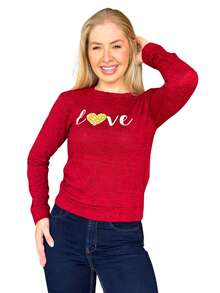 Fleece Blouse With Cuffs And Love Print, Warm Winter - 紫紅色 - 查看 5