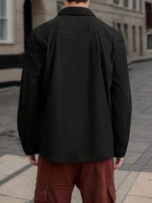tooluck Men's Corduroy Pocket Drop Shoulder Long Sleeve Shirt - 黑色 - 查看 2