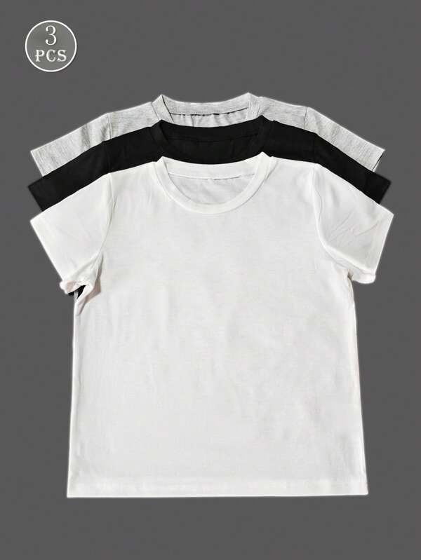 3 piezas Camisetas de cuello redondo a juego para niños, cómodas y suaves, adecuadas para capas diarias o uso con prendas We
