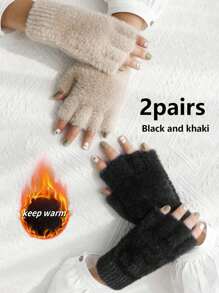 2 Pairs Unisex Solid Color Cute Fuzzy Half-Finger Gloves, Warm Outdoor Cycling Mittens With Wrist Protection For Autumn/Winter, Suitable For Daily Use
