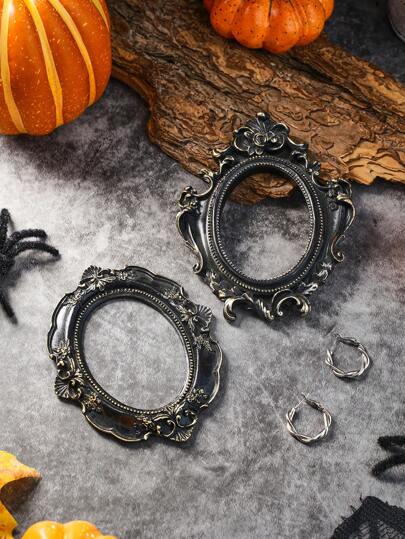 1 pezzo Cornice portafoto ovale in stile europeo in materiale resinoso con motivo floreale 3D nero, adatta come accessorio fotografico, decorazione per case in miniatura, decorazione per Ognissanti