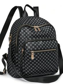 Vintage Classic Print Backpack For Women, Business Casual PU Leather Commuter Computer Backpacks, Single Shoulder Dual-Use Waterproof Outdoor Travel Purse For Daily Use, Large Capacity College Schoolbag For Junior High School Students And College Students