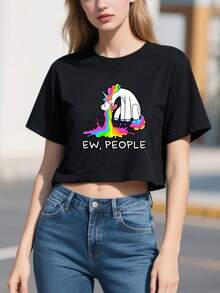 Rainbow Unicorn Crop Tee Women's Summer Top Expo Sed Na Vel T-Shirt , Women's New Summer Casual Crew Neck Pure Cotton Short-Sleeved T-Shirt(1 PC) - Black - View 1