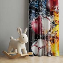 2pcs Classic Polyester Sport Themed Blackout Curtains Set, Dynamic Ice & Fire Design With Baseball, Football, Soccer & Basketball, Ideal For Boys Bedroom Window Treatment