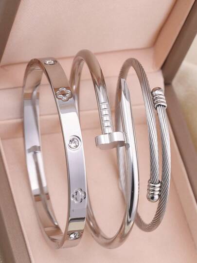 3pcs Set Stainless Steel High Quality Flower Zirconia Bangle Bracelets, Fashionable Jewelry Suit For Daily Wear