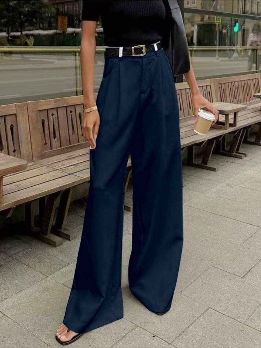 Straight, Wide-Leg Suit Pants. Floor Length - Navy Blue - View 1