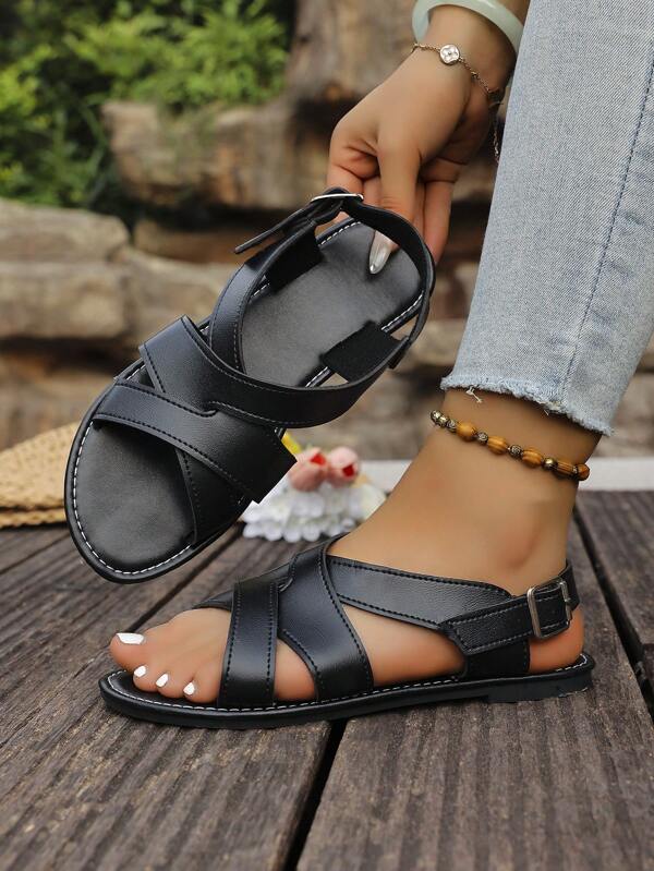 Sandalias planas para mujer con punta redonda, correas cruzadas y punta abierta, estilo inglés de unicolor neutro de alta gama, ligeras y cómodas para viajes, playa, pareja