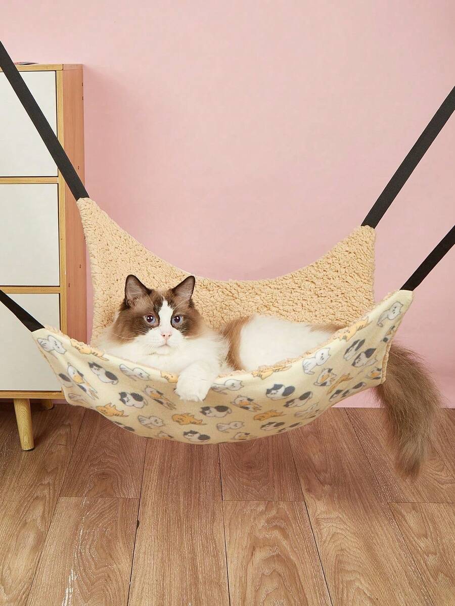 1pc Double-Sided Cartoon Cat Hammock, Soft & Cute, Removable Design - Beige - View 1