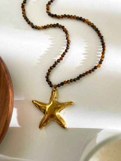 Novo Colar Pingente de Estrela-do-mar de Aço Inoxidável para Mulheres, Design de Superfície Martelada, com Contas de Citrino, Elegante e Luxuoso, Versátil