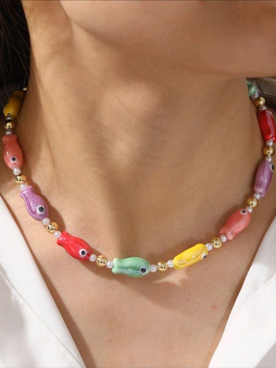 1 件可爱海洋风格树脂小鱼珍珠铜串珠项链，适合女士海边派对海滩度假派对夏季日常节日装，18k 镀金时尚夏季女士百珠宝礼物，适合送给朋友姐妹妈妈（小鱼有轻微瑕疵）