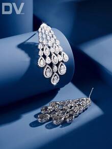 DV JEWELRY 1 对奢华镀锆石白金吊坠耳环，优雅珠宝礼物，适合女性、婚礼、派对、周年纪念，带礼盒 - 銀色 - 查看 4