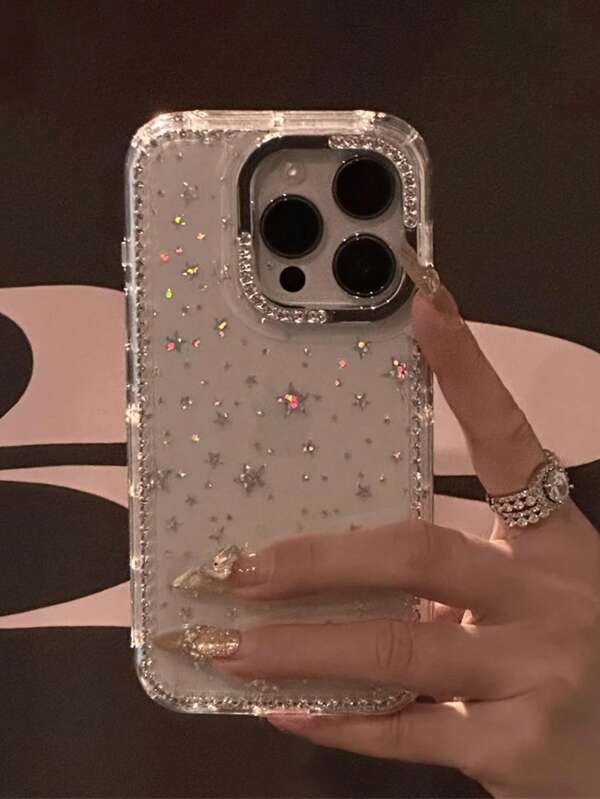 1 szt. Luksusowe, galwanizowane, błyszczące, przezroczyste etui na telefon z gwiazdą i krawędzią ze strasu, odporne na wstrząsy, kompatybilne z 'em 17/17 Air/17 Pro/17 Pro Max, 16, 16 Pro, 16 Plus, 16 Pro Max, 15, 14, 14 Pro Max, 13, 12, 11