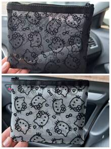 Sanrio 1pc Cute Kitty Velveted Mesh Cosmetic Bag, Portable Data Cable Organizer Pouch, Handheld Carry Bag For Outdoor