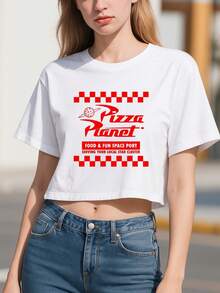 Women's Pizza Planet Crop TShirt Summer Fashion Exposed Navel T-Shirt , Women's New Summer Casual Crew Neck Pure Cotton Short-Sleeved T-Shirt(1 PC) - White - View 1
