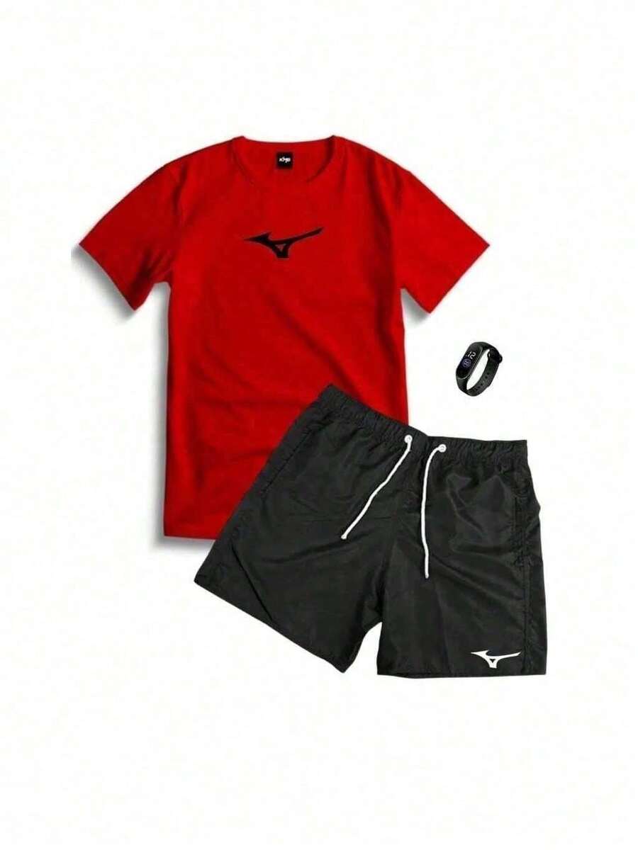 Set Kit 100% Cotton T-Shirt And Printed Tectel Shorts MZN + WATER-APPROVED DIGITAL WATCH - Đỏ - Xem 1