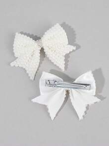 2个珍珠蝴蝶结发夹，纯白色，优雅蝴蝶结发夹，适合女孩，婚礼派对节日礼物，蝴蝶结发卡，青少年发饰 - 白色 - 查看 5
