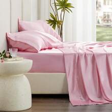 4Piece California King Satin Bed Linen Set, Pink Silky Satin Sheets, Deep Pocket, Luxury Silk Feel, 1 Flat, 1 Fitted Sheet, 2 Pillow Cases - 粉色 - 查看 5