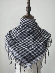 1 件 Abaya 配饰时尚经典沙漠格子印花方形头巾，阿拉伯户外防晒防风男女通用流苏披肩围巾，适合日常和外出穿着 - 黑色 - 查看 4